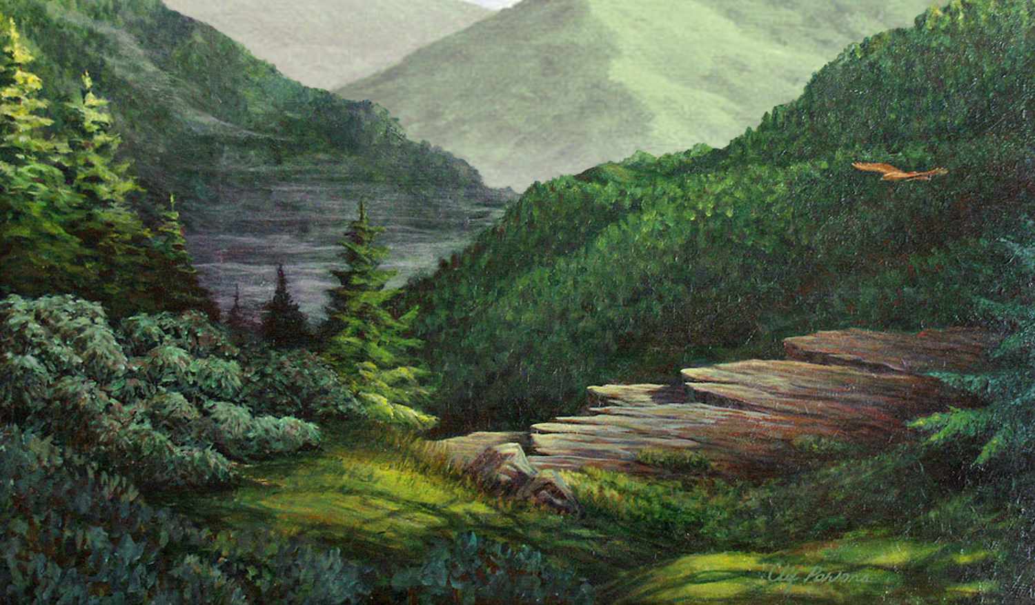 Misty Morning Mountain - Red Tail Hawk | 24 x 19 | acrylic on masonite | copyright Clif Parsons